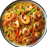 جمبري مقلي بالخضار والنودلزبصلصة الترياكي